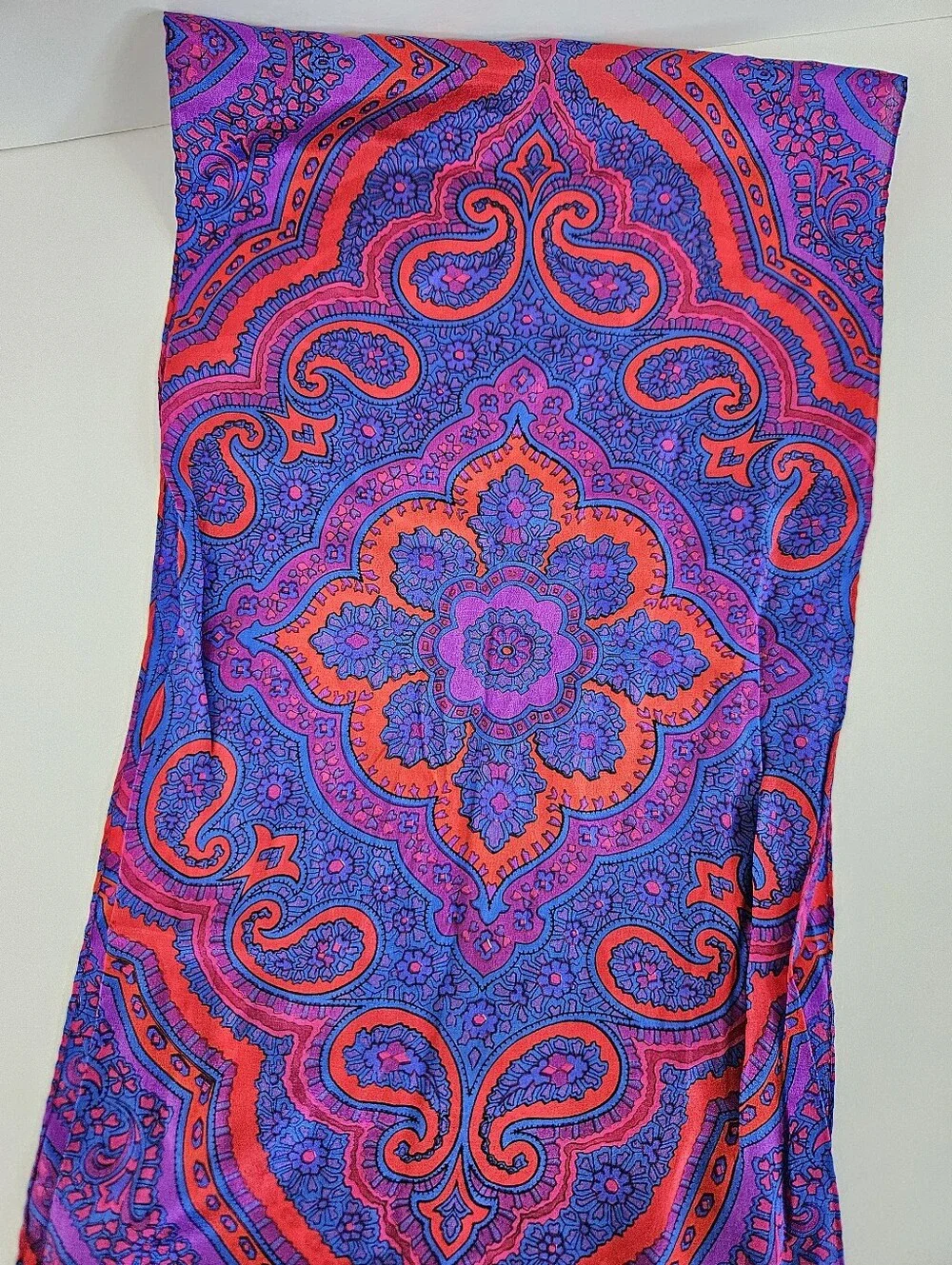 Vintage Vibrant Jewel Tone Paisley Mandela Rolled Edge Long Silk Scarf Foulard